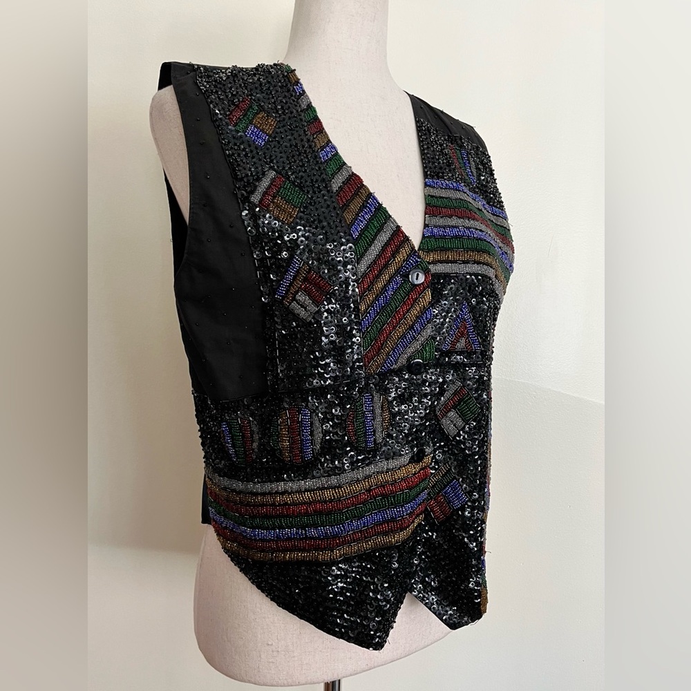 Vintage Creazioni Effeci Beaded Vest Patchwork Design Sequins Bold Unique Sz L